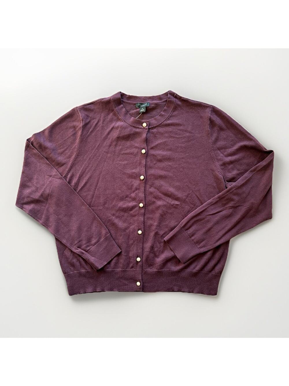 NEW Ann Taylor Cardigan Sweater Women’s XL Crew Neck Pearl Button Burgundy